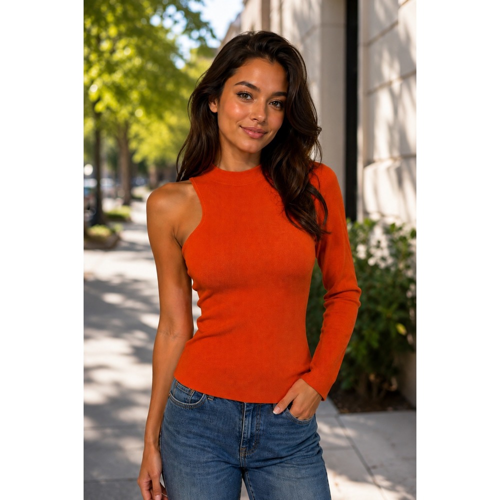 Mango Orange  Y2K One Shoulder Asymmetrical Knit Long Sleeve Minimalist Chic S